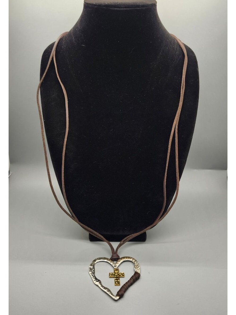 Heart-Shaped Hammered Metal Pendant Necklace With Gold Cross & Brown Leather Cor